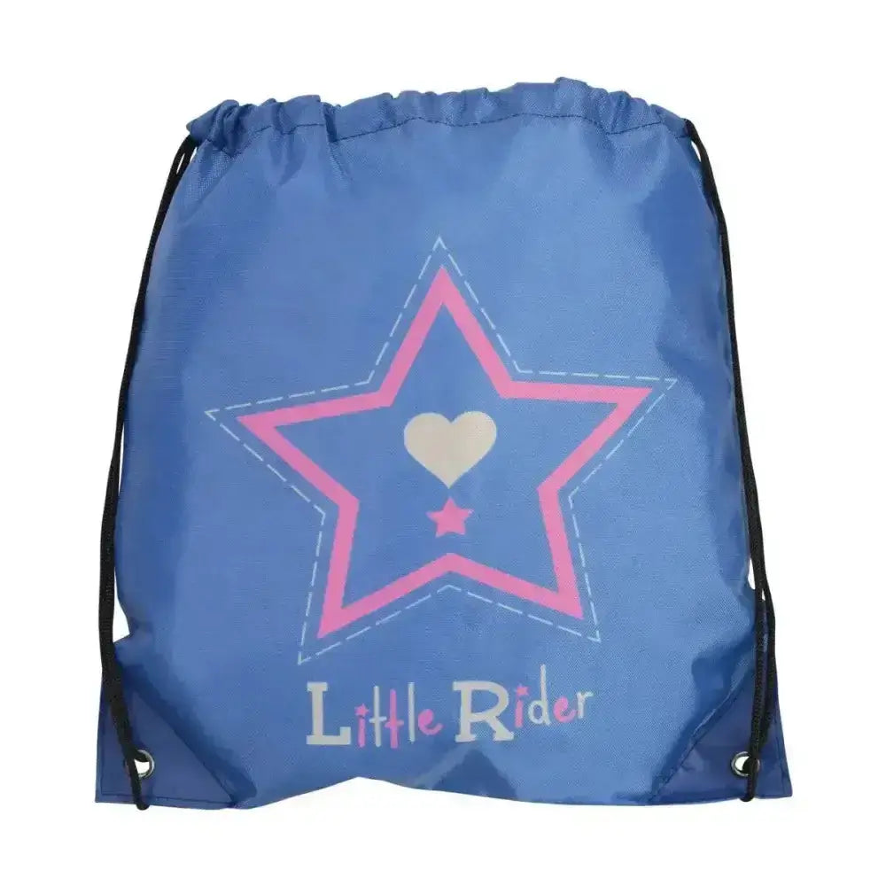 Blue riding star drawstring bag with pink star and heart design by little rider perfect for child horsey fun