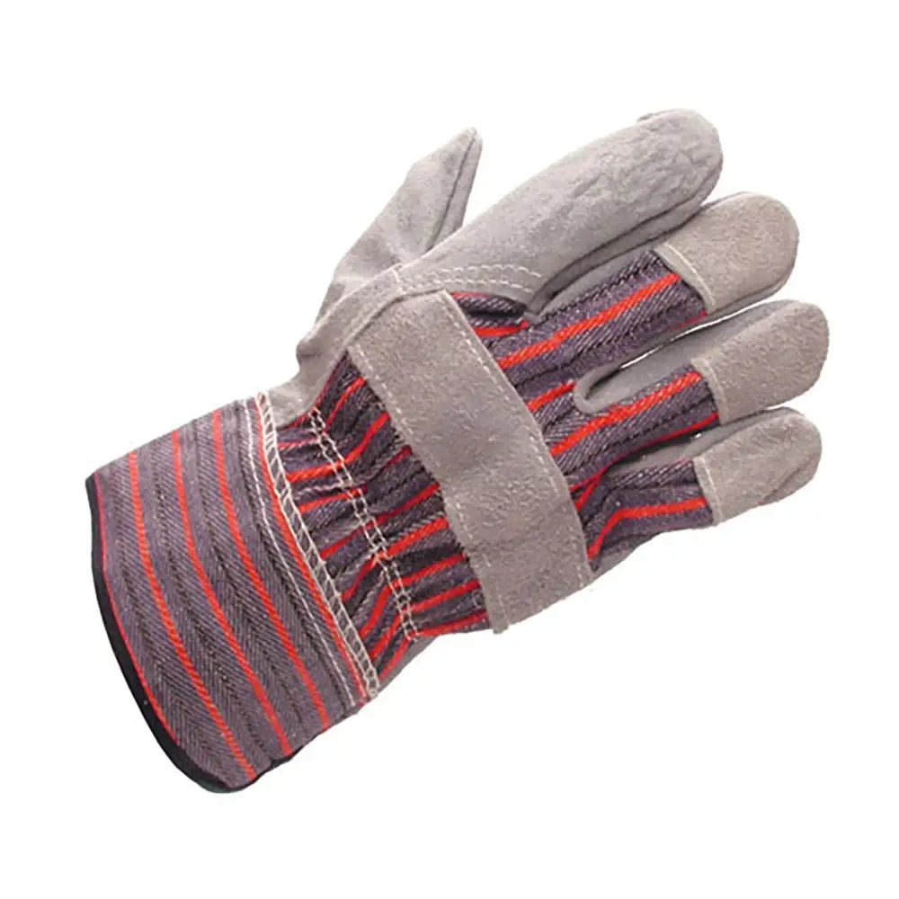 Work glove with gray and red striped fabric and reinforced leather palm featuring reinforced cuff hurricane standard canadian riggers gloves hurricane