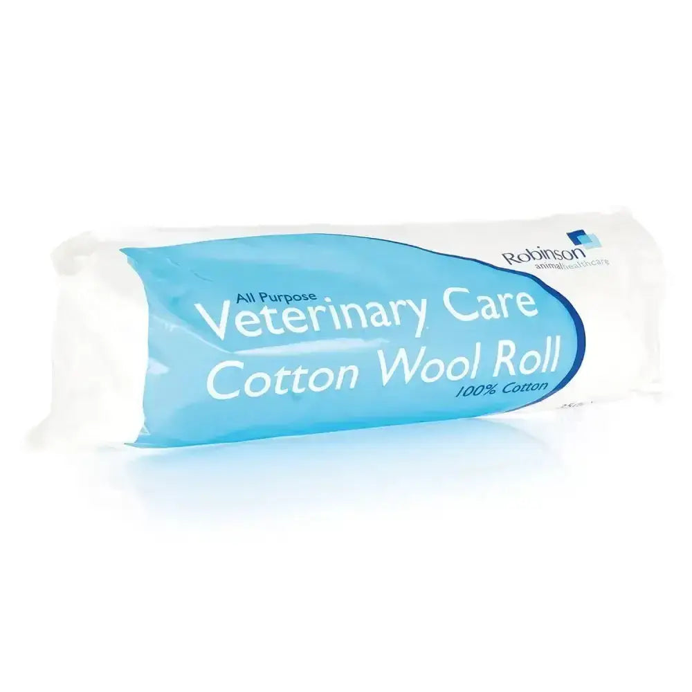 A light blue and white robinson cotton wool roll labeled all purpose veterinary care cotton wool roll by robinson animal healthcare