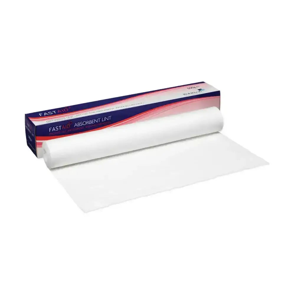A roll of white highly absorbent plain lint in a blue and pink robinson fast aid absorbent lint bpc box