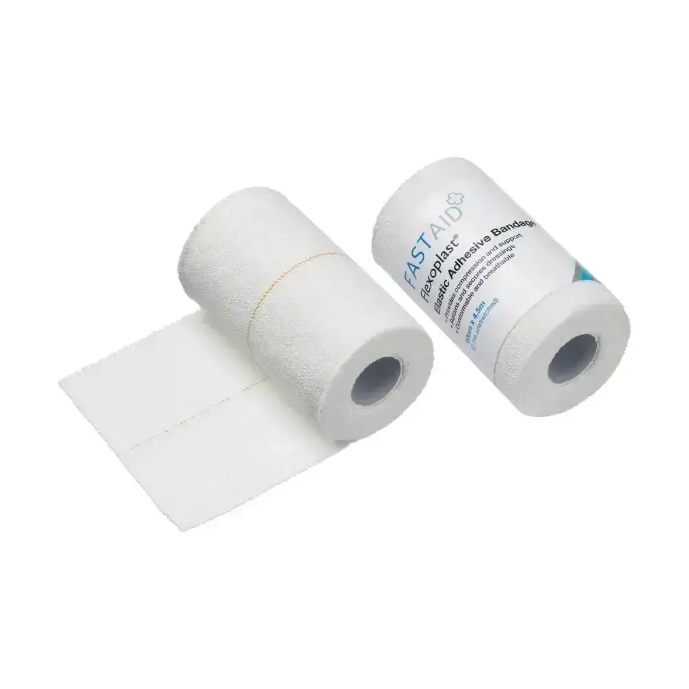 White roll of robinson flexoplast elastic adhesive bandage made from woven elasticated fabric for veterinary use