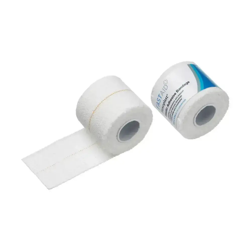 White robinson flexoplast elastic adhesive bandage roll with blue gray branding and woven elasticated fabric surface