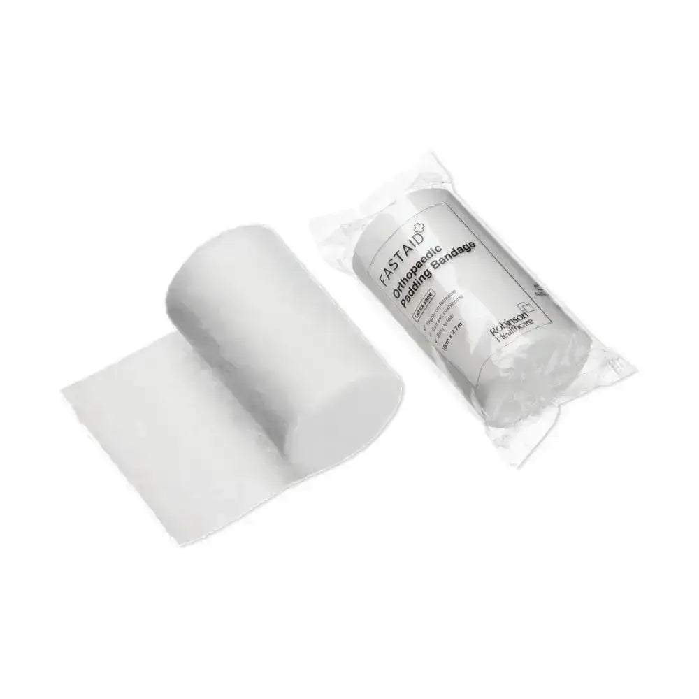 White absorbent padding bandage in clear packaging branded fastaid by johnson and johnson for robinson orthopaedic use