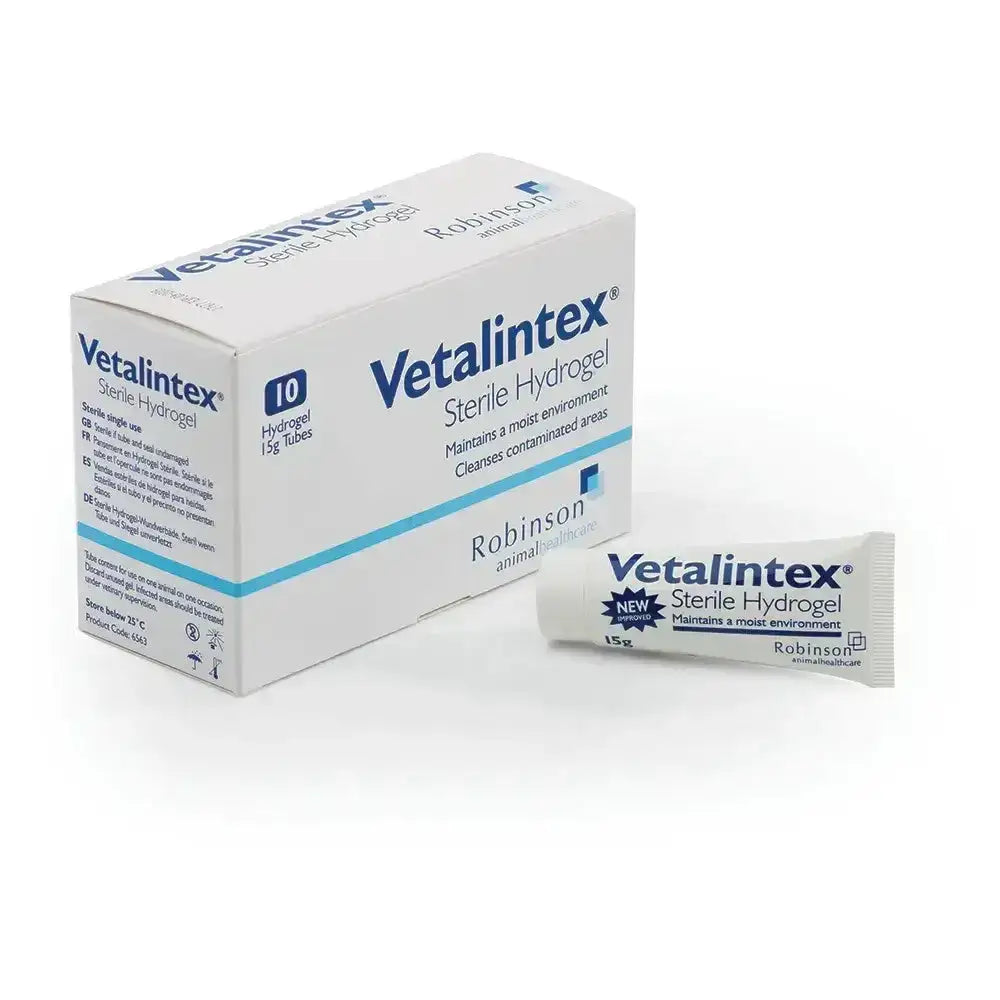 White cardboard box and matching tube of robinson vetalintex hydrogel clear viscose starch veterinary wound care product