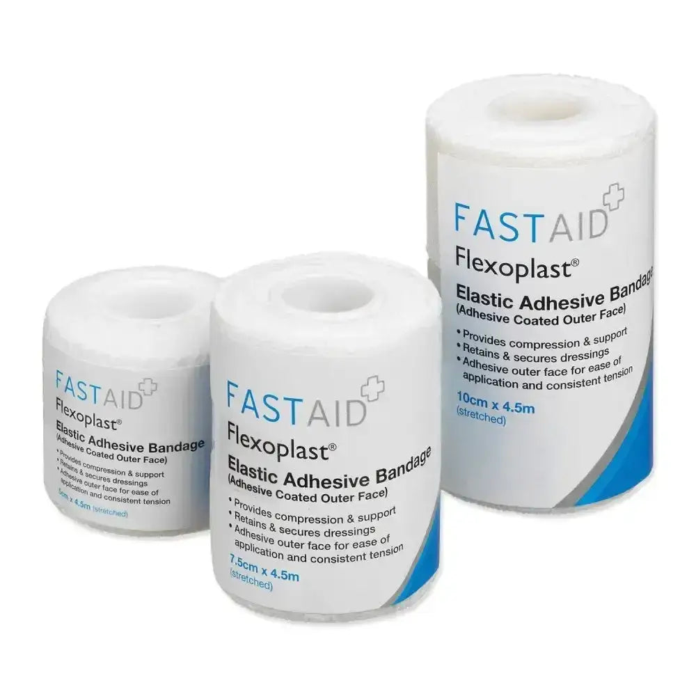 Three rolls of robinsons healthcare veterinary flexoplast elastic adhesive bandages with adhesive coated outer and blue labels