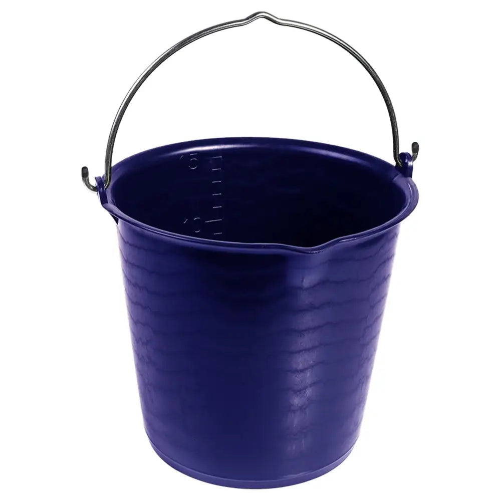A navy blue robust bucket 15l made of uv-resistant plastic with a metallic handle and embossed measurement markings
