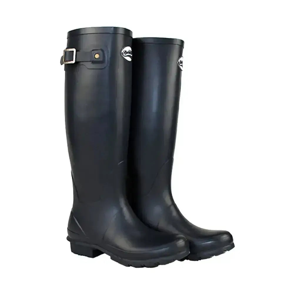 Black rubber matt wellington boots with silver buckle and logo on the side from rockfish women’s tall standard calf collection