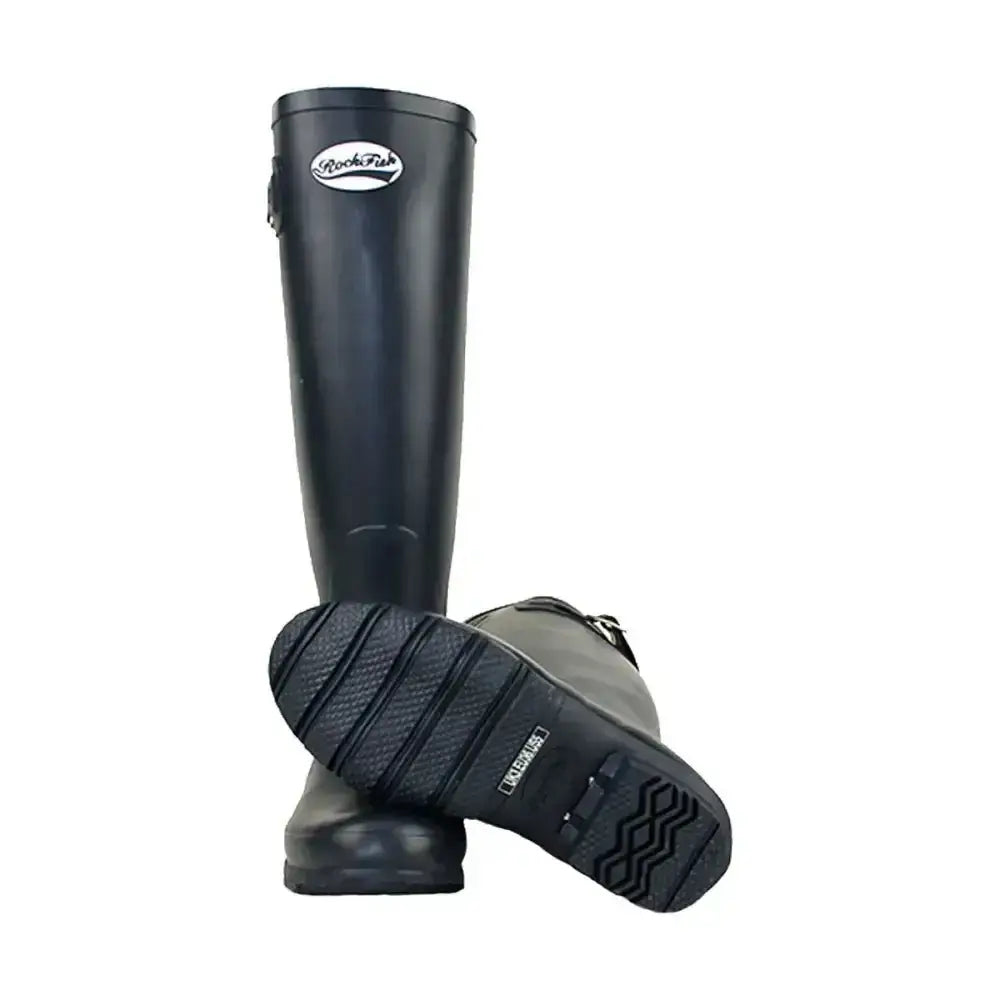 Black rockfish women’s tall matt wellington with textured soles and rockfish logo on the side for tall standard calf