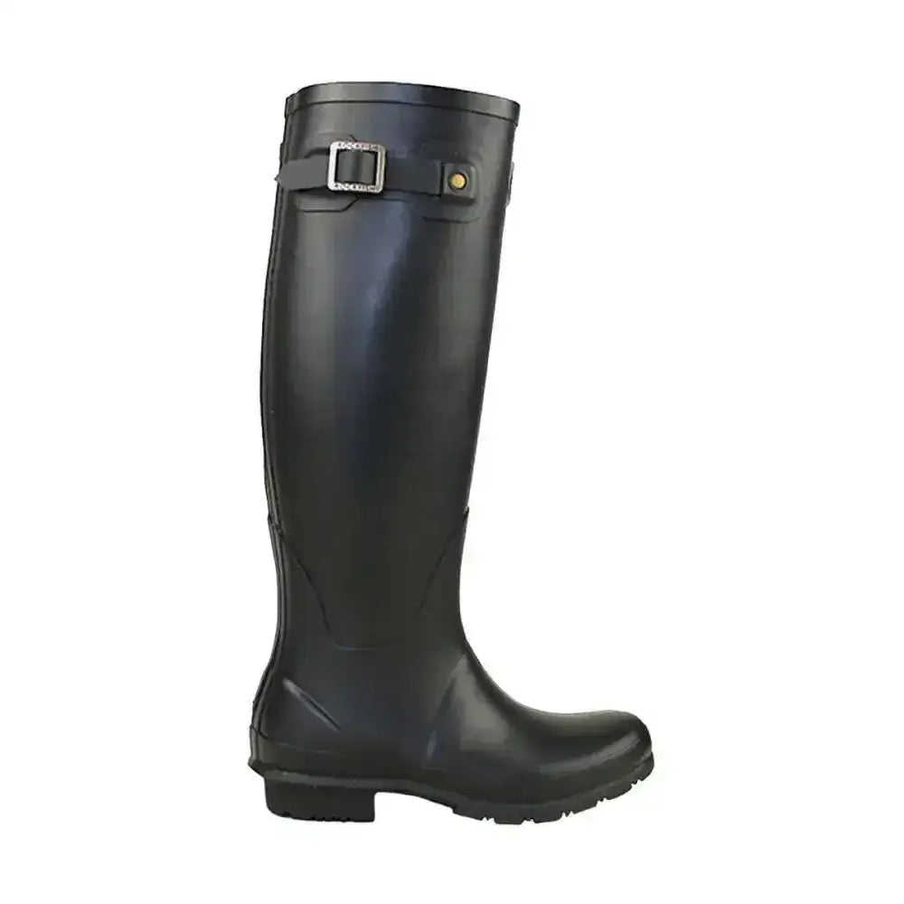 Black rubber matt wellington boot with silver buckle and brass stud from rockfish women’s tall standard calf range
