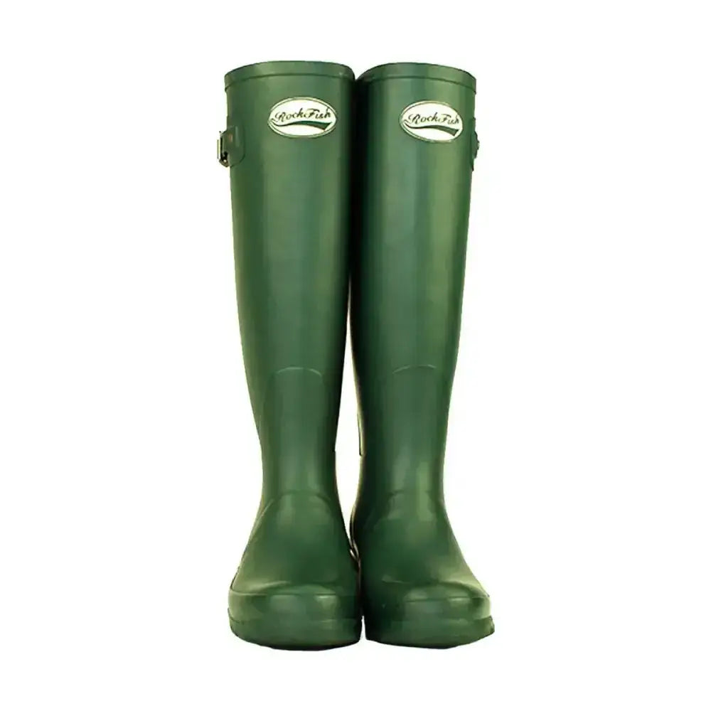 Dark green matt wellington boots with rockfish women’s tall logo on the upper shaft and tall standard calf fit