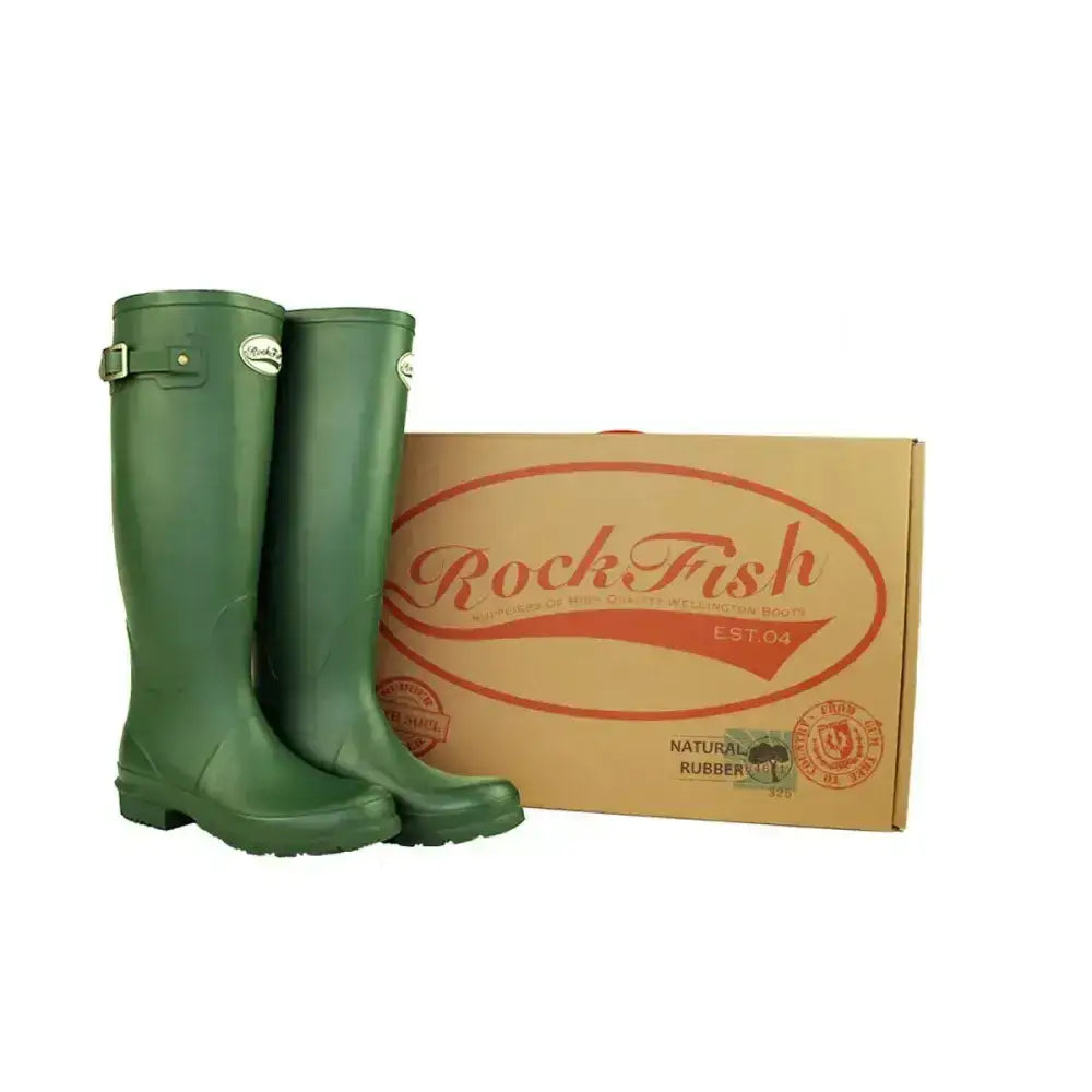 Green matt wellington boots with buckle strap and silver logo detail from rockfish women’s tall standard calf collection