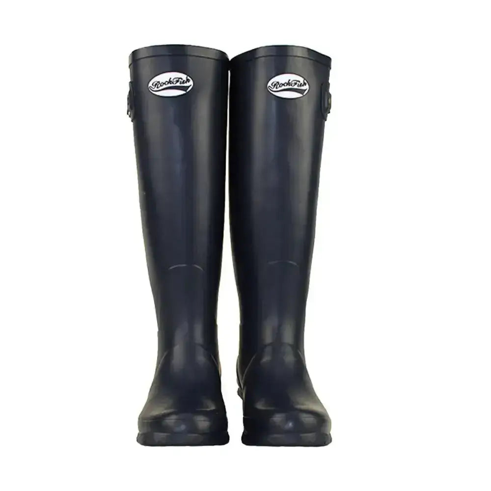 A pair of navy blue rockfish women’s tall matt wellington boots with a glossy finish and rockfish logo on the shaft