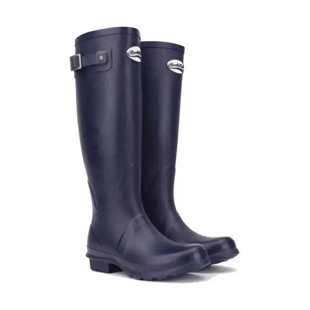 Navy blue matt wellington boots with silver buckle from rockfish women’s tall standard calf collection