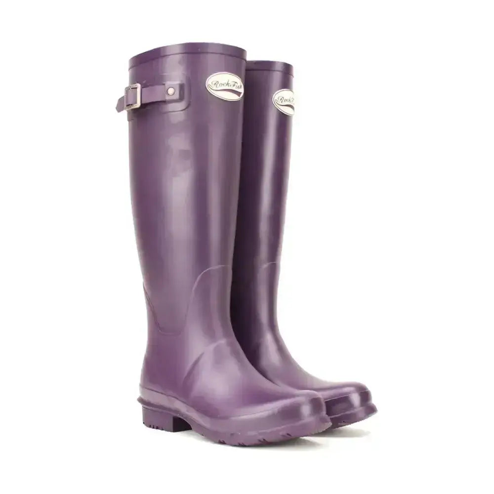 Purple matt wellington boots with silver buckle and logo rockfish womens tall standard calf design