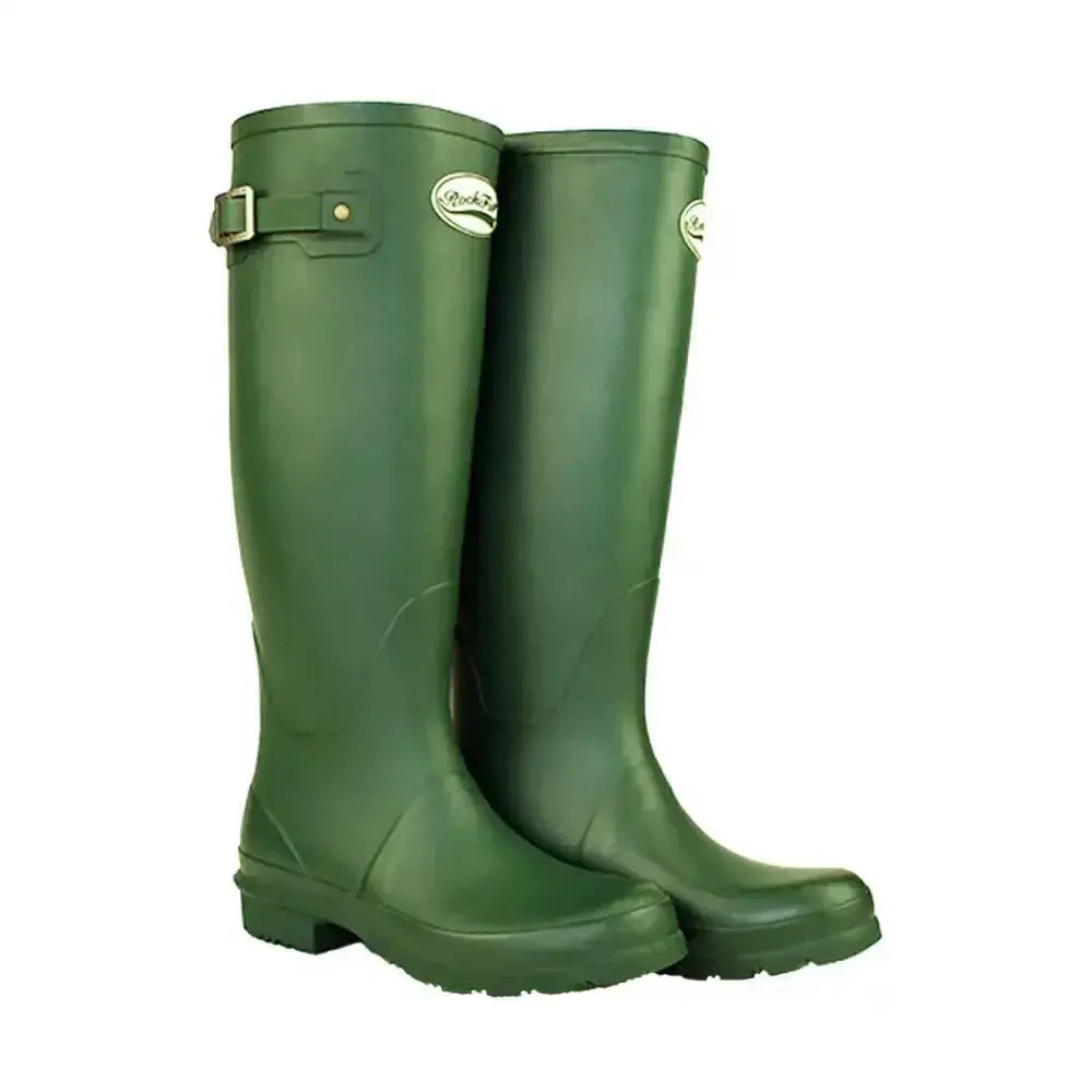 Deep green matt wellington boots with silver buckle and brand logo from rockfish women’s tall standard calf line