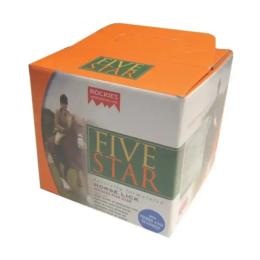 Orange and white cardboard box of rockies five star horse lick with essential horse vitamins in a 5kg mineral block