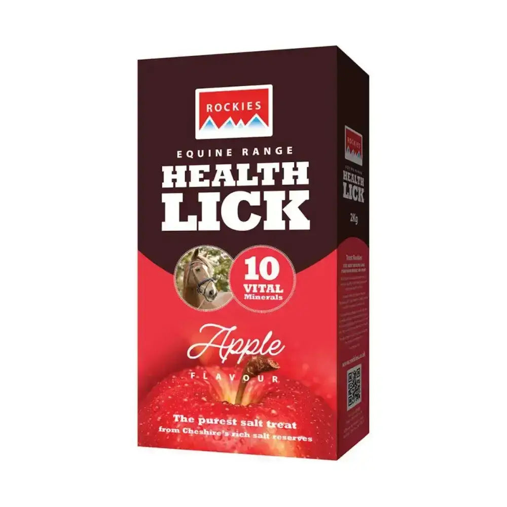Maroon and red cardboard box of rockies flavoured health lick apple mineral supplement from health lick range for horses
