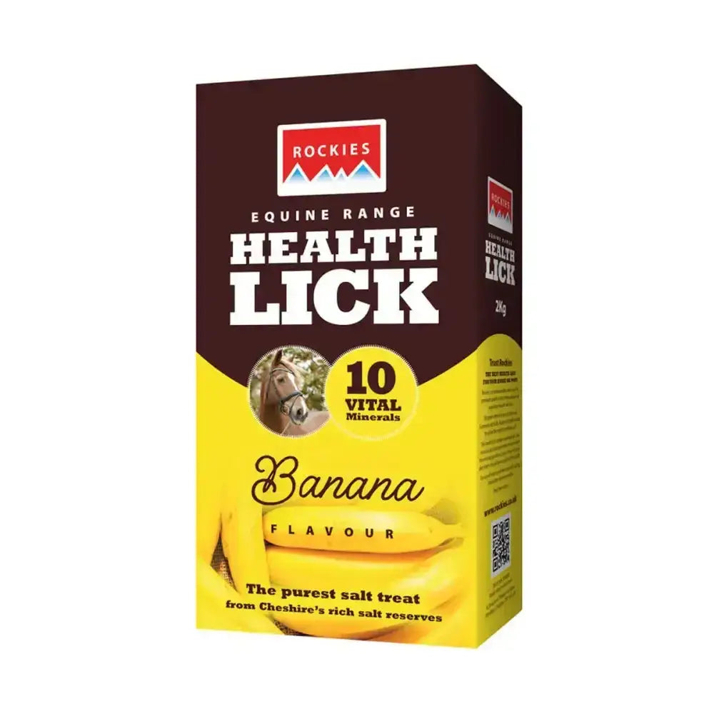 Brown and yellow box of Rockies flavoured health lick banana flavour from the Rockies health lick range for horses