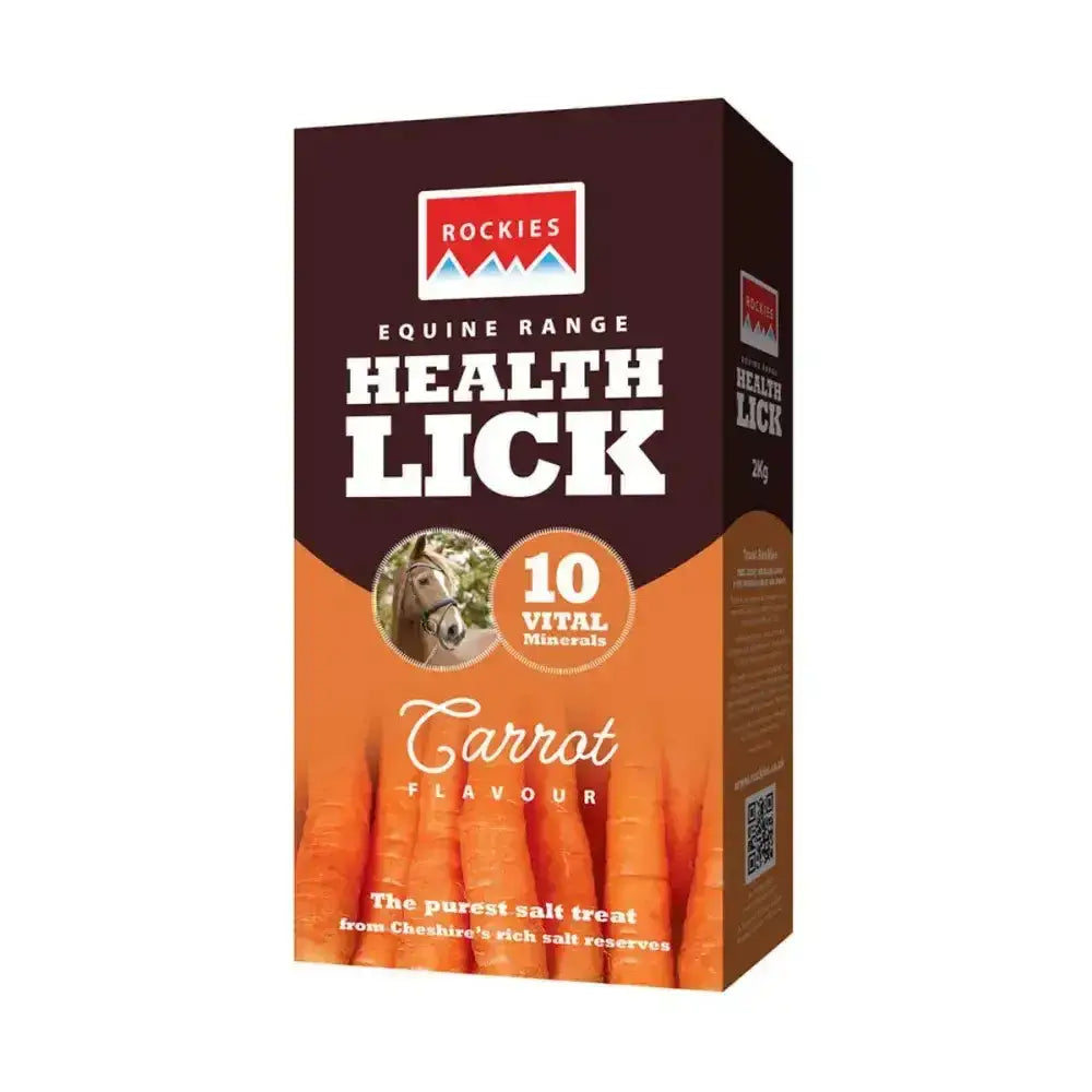 Maroon and orange cardboard box of rockies flavoured health lick carrot flavor from the rockies health lick range