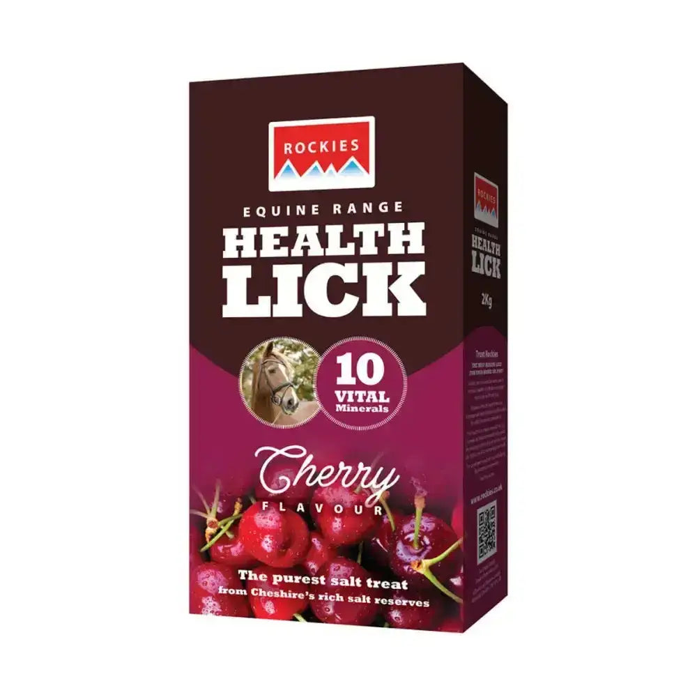 Maroon and purple rockies flavoured health lick box in cherry flavor with horse image from health lick range