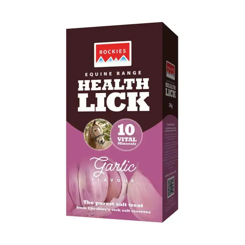 Maroon and purple rockies flavoured health lick box for horses with garlic flavour and 10 vital minerals shown