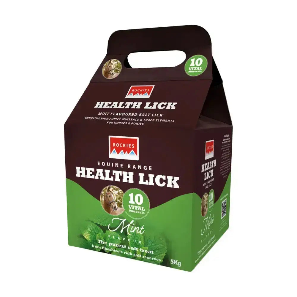 Brown and green cardboard package of rockies flavoured health lick mint-flavored salt lick for horses from health lick range