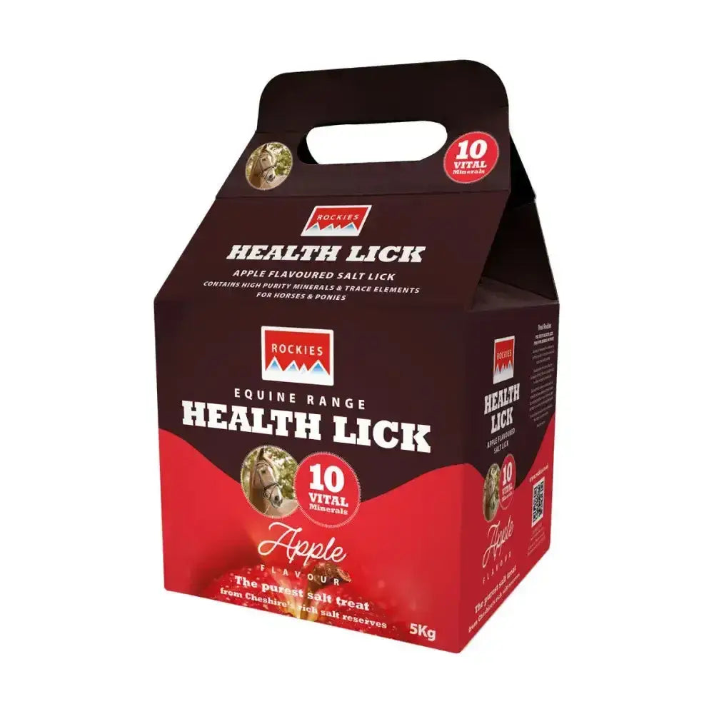 Brown and red cardboard carrier bag with handle featuring rockies flavoured health lick for horses from health lick range
