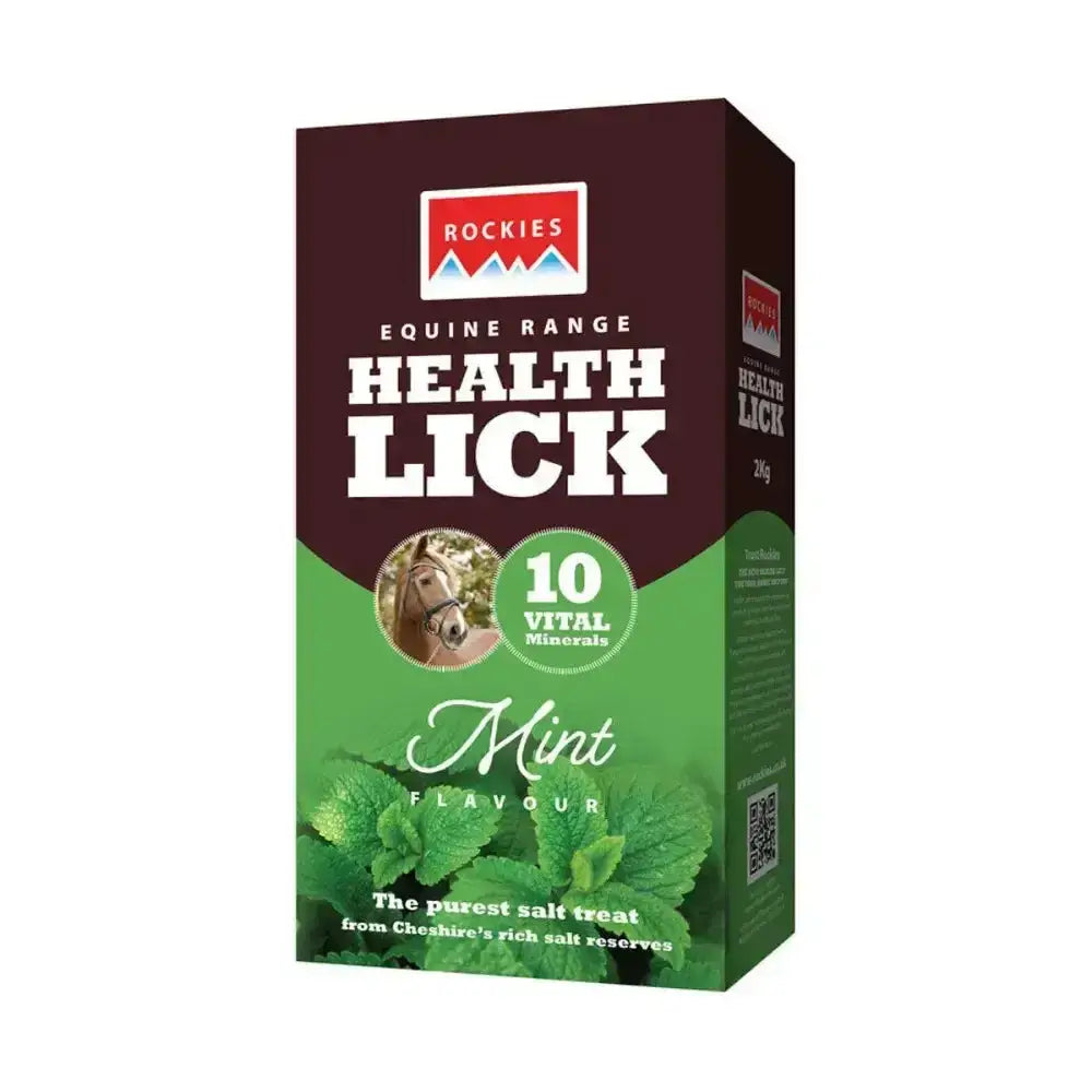 Maroon and green cardboard box of rockies flavoured health lick mint flavored horse mineral supplement from health lick range