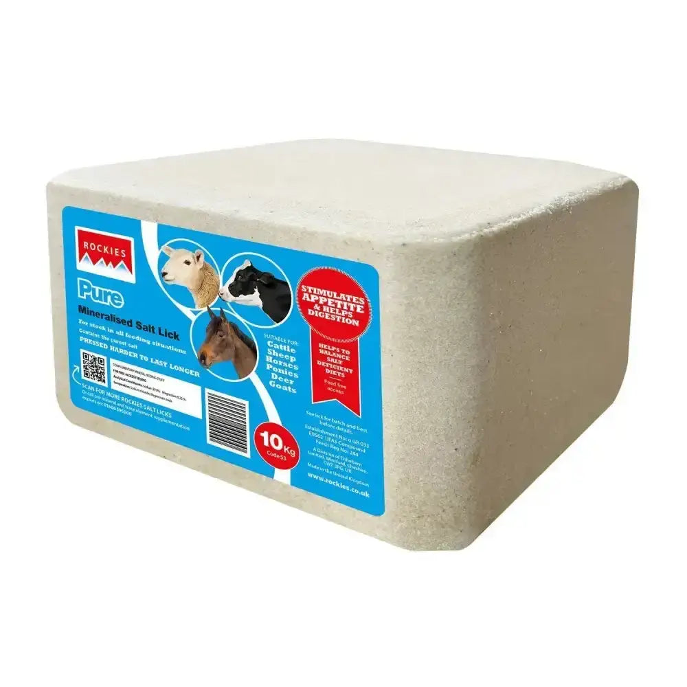 Beige rectangular block of rockies pure salt lick for livestock with blue label and images of sheep cow horse and goat
