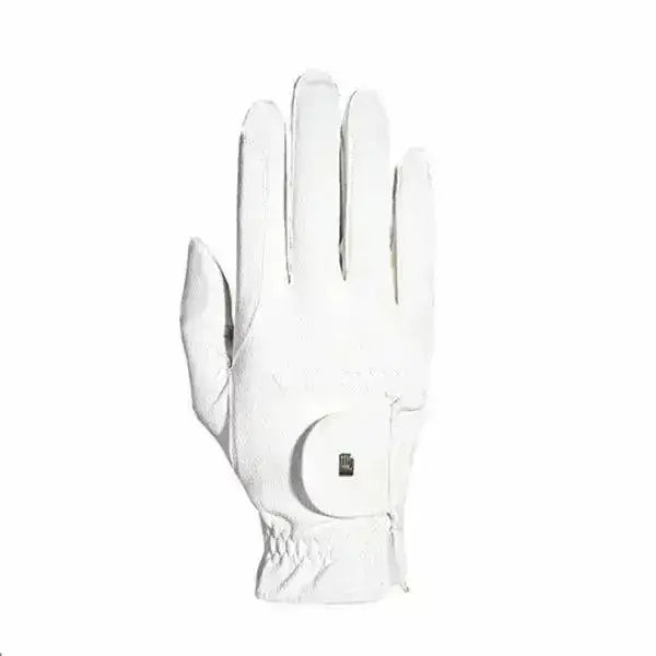 White leather roeckl chester grip summer riding gloves with circular snap closure and subtle stitching details