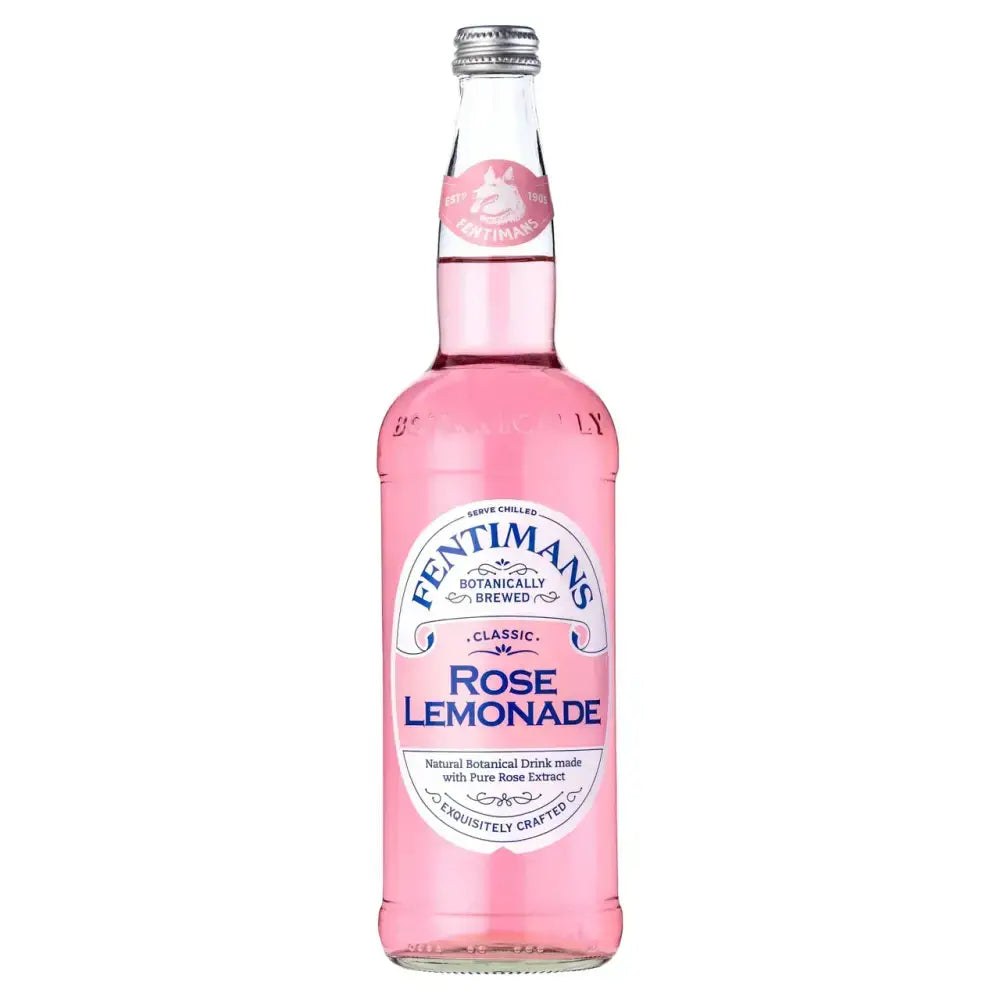A clear glass bottle of fentimans rose lemonade filled with vibrant pink liquid and sealed with a silver cap
