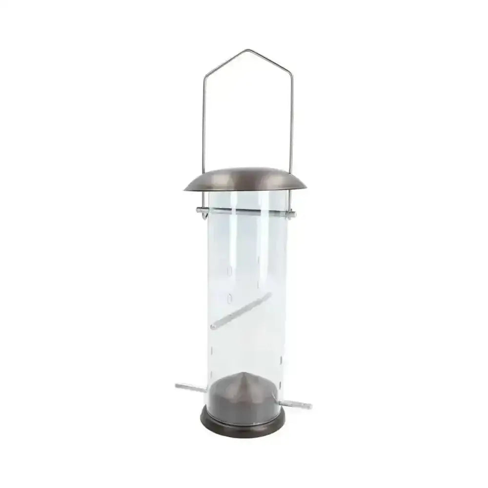 Clear cylindrical rosewood wild bird nyjer seed feeder with metallic gray top base and hanging wire handle with perch