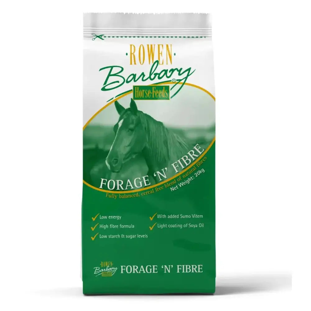 Green and white bag of rowen barbary forage n fibre horse feed featuring a stylized horse and cereal free formula