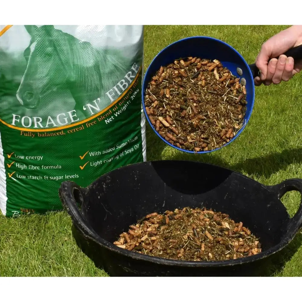 Green and white bag of rowen barbary forage n fibre horse feed cereal free fully balanced blend with horse image