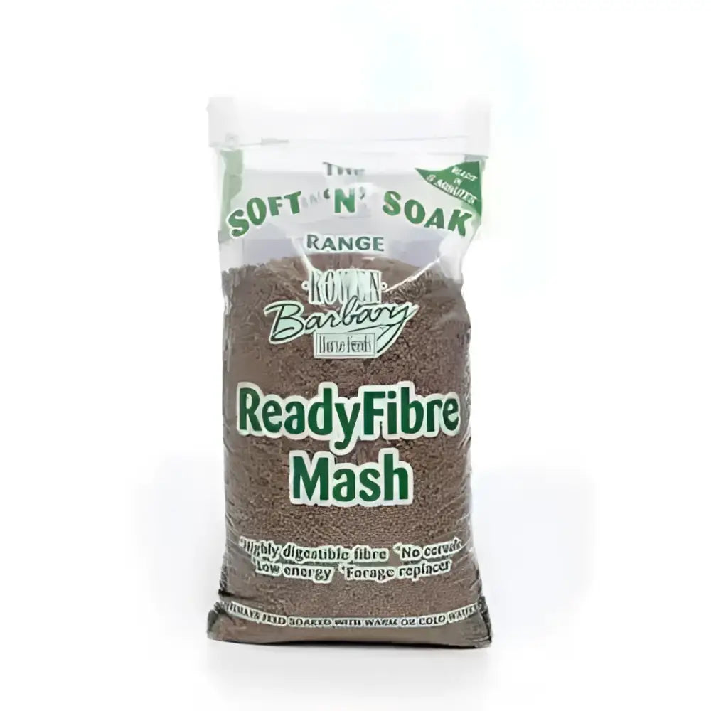 A clear plastic bag of brown granular rowen barbary soft n soak readyfibre mash horse feed labeled readyfibre mash