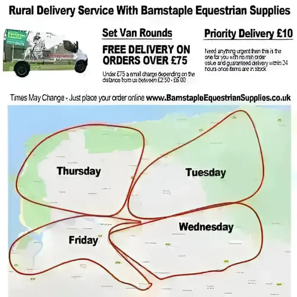 The barnstaple equestrian supplies flyer shows royal mail postage and van delivery charges with a weekday delivery map