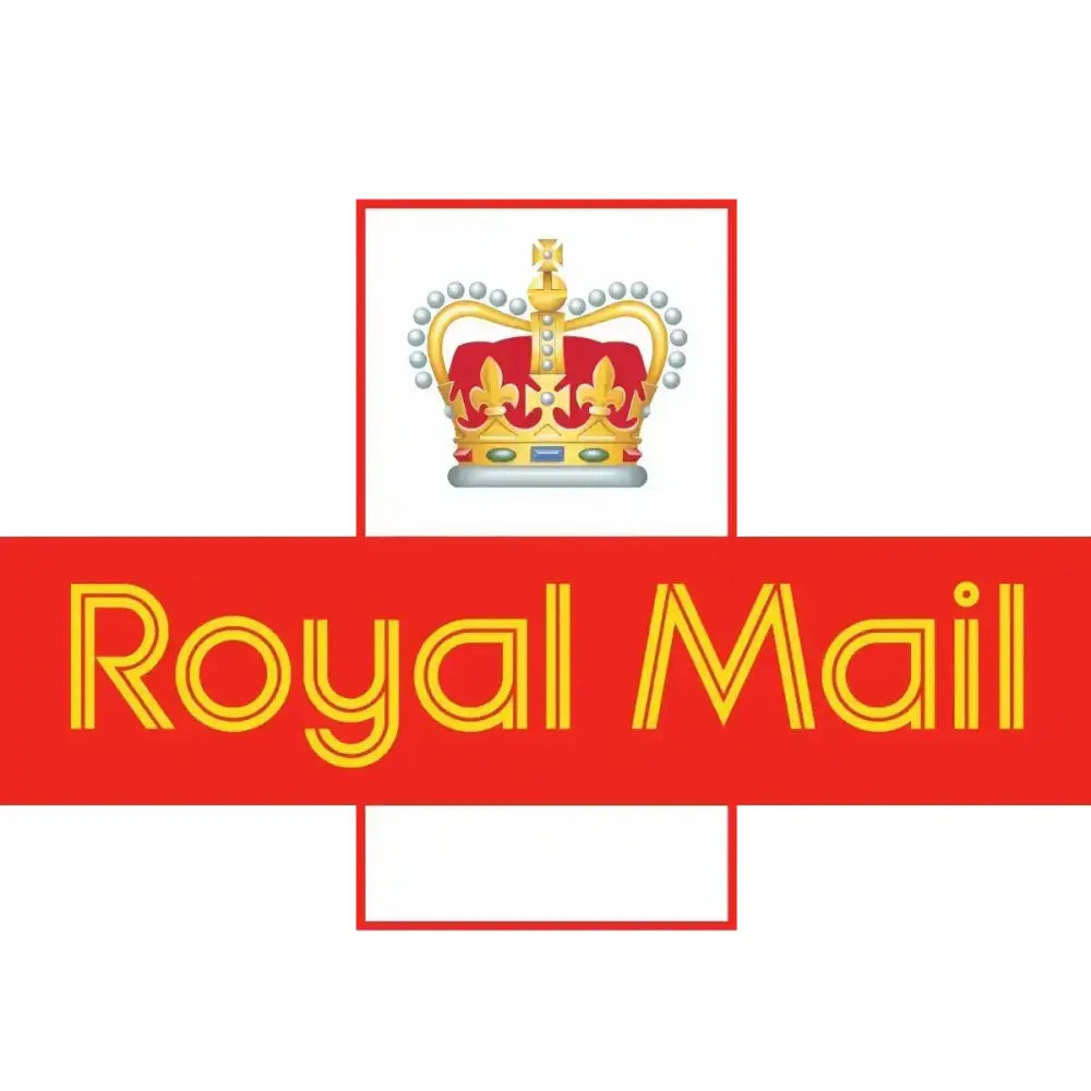 Royal mail logo with gold and red crown on a bold red banner showing brand name for royal mail postage van delivery charges