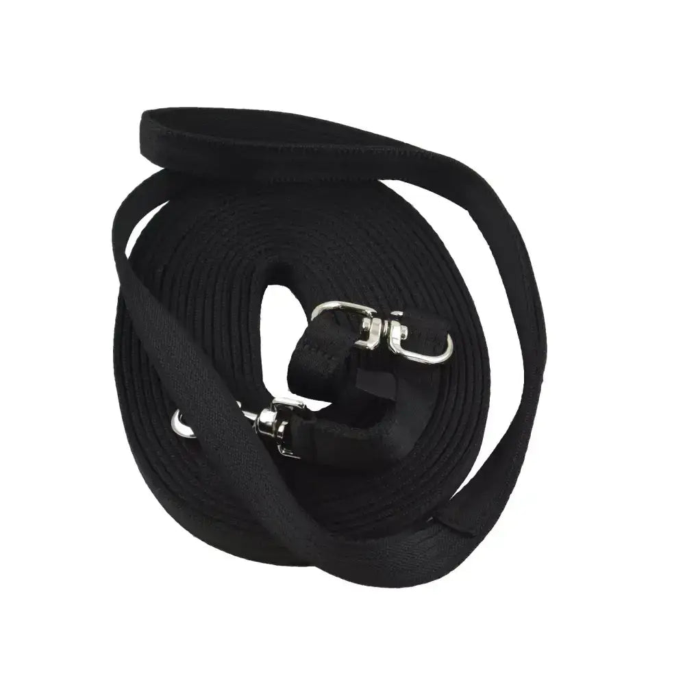Black woven fabric grip lunge rein with silver double swivel metal hardware and rubber loop handle