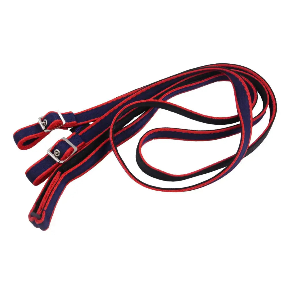 Red and navy blue striped rubber grip webbing reins with silver metal buckles for secure buckle attachment