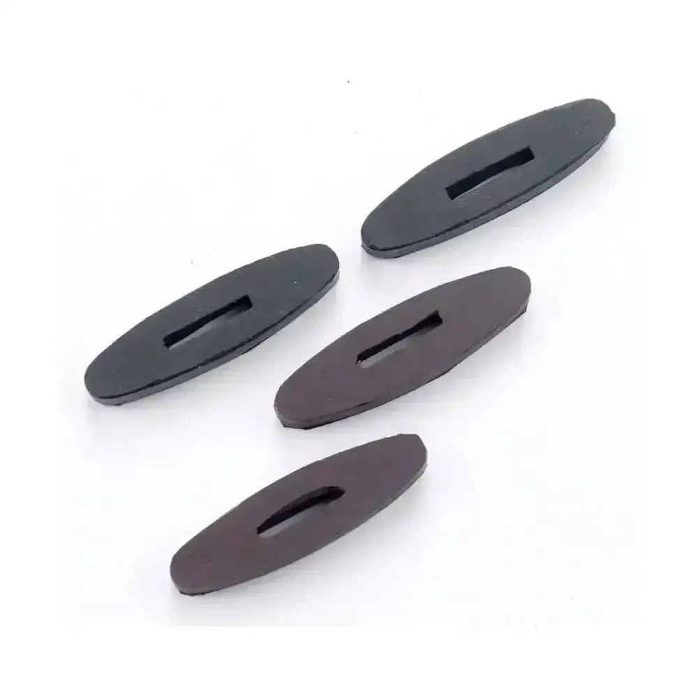 Black oval-shaped plastic rubber rein stops with central slot for running martingales and martingale rings sliding