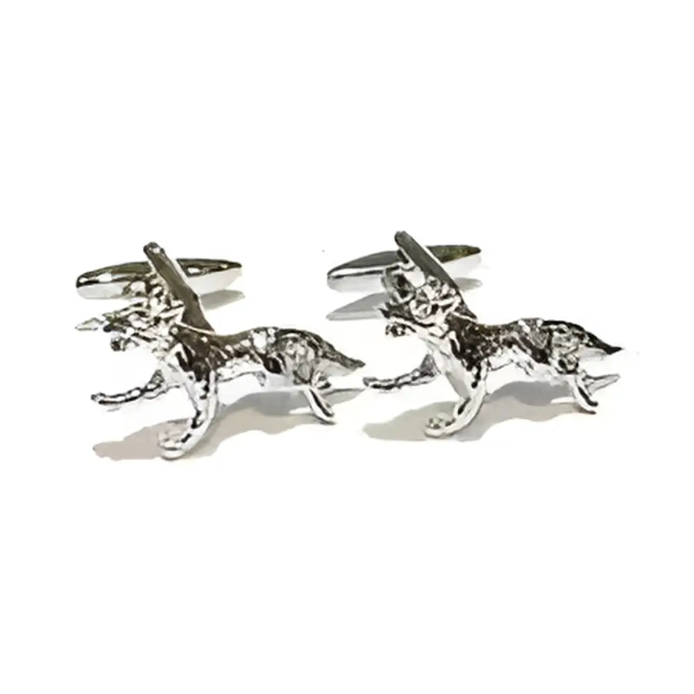 Silver running fox cufflinks with detailed lifelike wolf design perfect for stylish fox cufflinks fans
