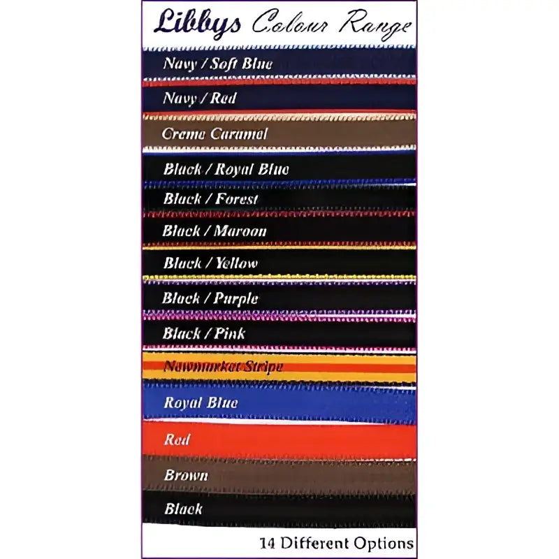 Libbys running martingale in solid and striped colors with 25mm webbing for small pony use