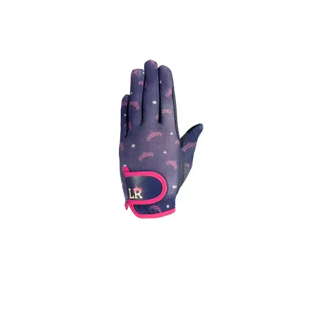 Dark blue sabina children’s mesh riding gloves with pink trim and star pattern showing back side with lr logo