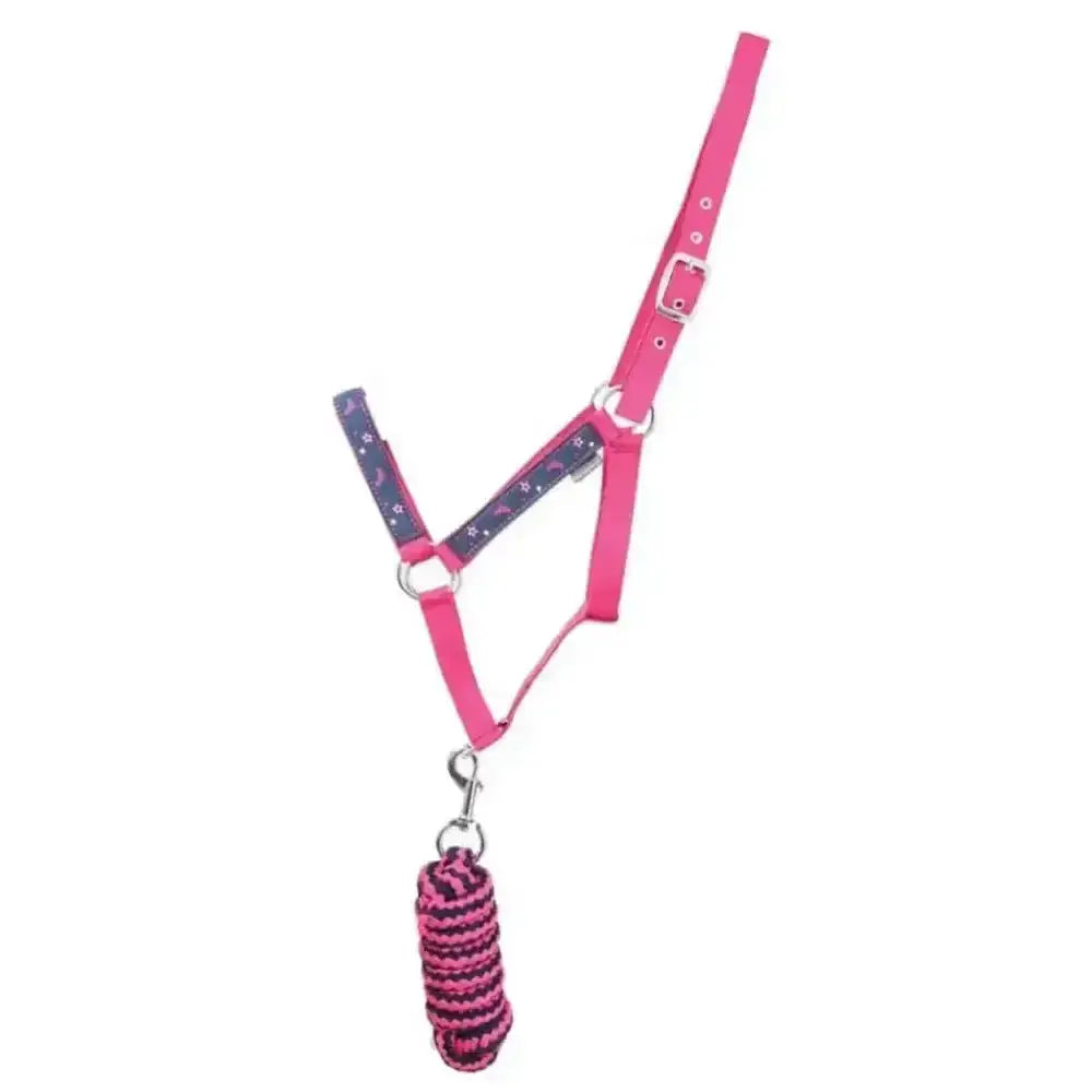 Pink and navy patterned sabrina head collar with matching braided lead rope set by little rider for horses