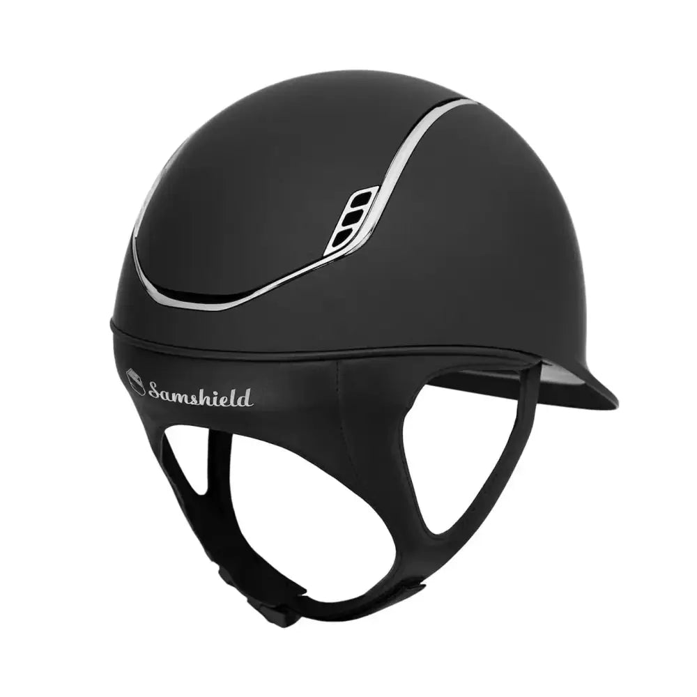 Black samshield shadowmatt riding hat with sleek matte finish and chrome blazon trim for equestrian use