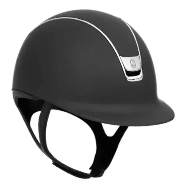 Black samshield shadowmatt riding hat with chrome blazon and sleek silver accent stripes for equestrian use