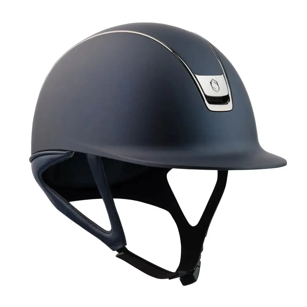 Matte black samshield shadowmatt riding hat with sleek design and chrome blazon trim perfect for equestrian use