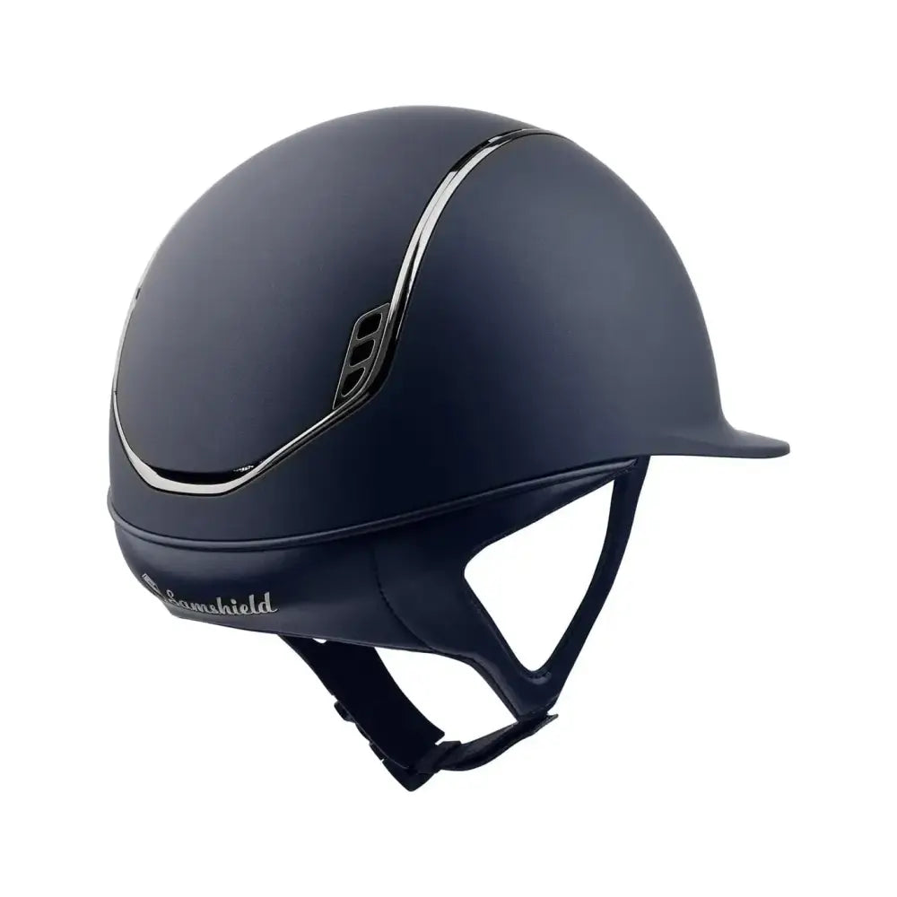 Matte black samshield shadowmatt riding hat with chrome blazon and silver trim featuring savannahshield logo