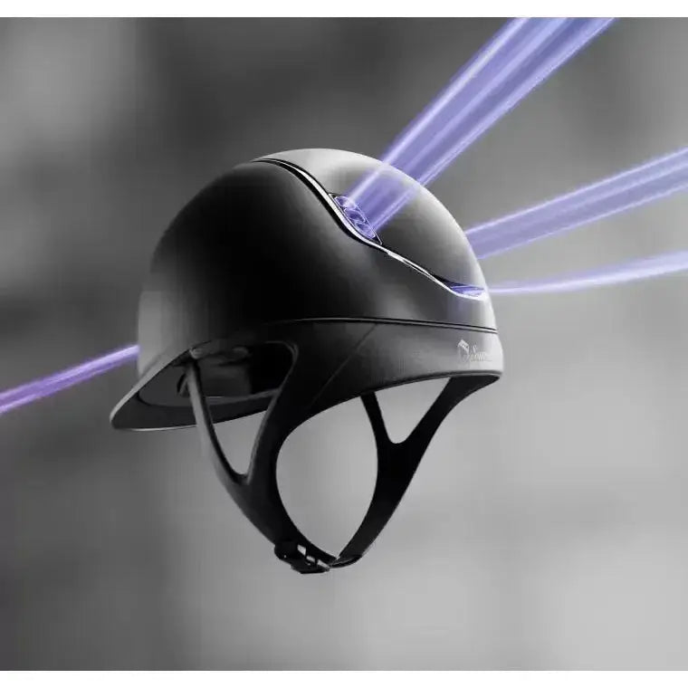 Black samshield shadowmatt riding hat navy with chrome blazon and trim and purple light beams at front