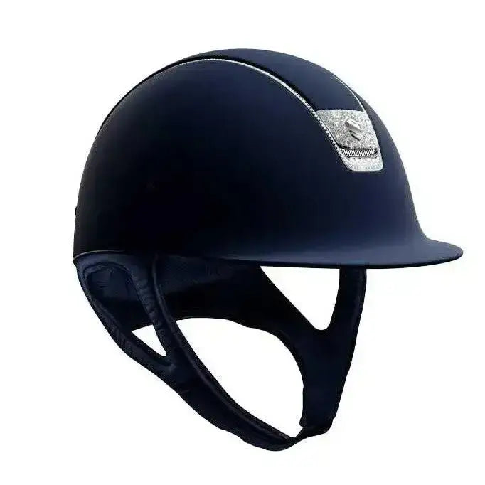 Black samshield shadowmatt riding hat with silver logo patch padded straps and black chrome trim with crystals